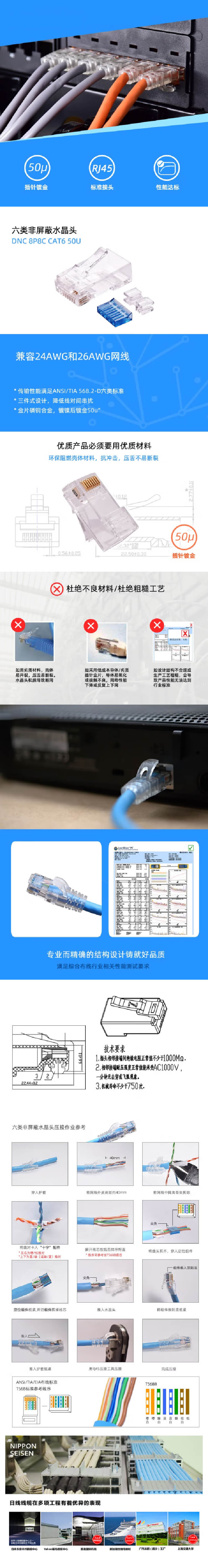 日線（NISSEN） 千兆cat6六類非屏蔽水晶頭網(wǎng)線過fluke測試 家裝套裝(20水晶頭+20護(hù).jpg